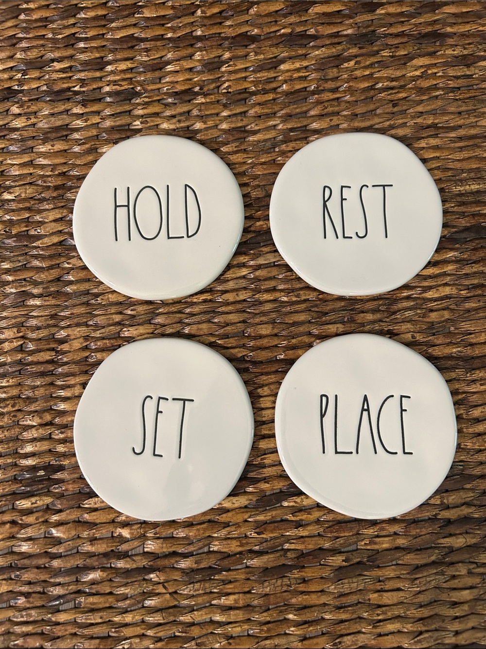 Rae Dunn White Ceramic Coaster Set with Black Lettering - HOLD REST SET PLACE